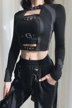 Gothic Buckle Detail Long Sleeve Crop Top - Y2K Grunge, 90s Fashion, Retro Style