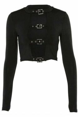 Gothic Buckle Detail Long Sleeve Crop Top - Y2K Grunge, 90s Fashion, Retro Style