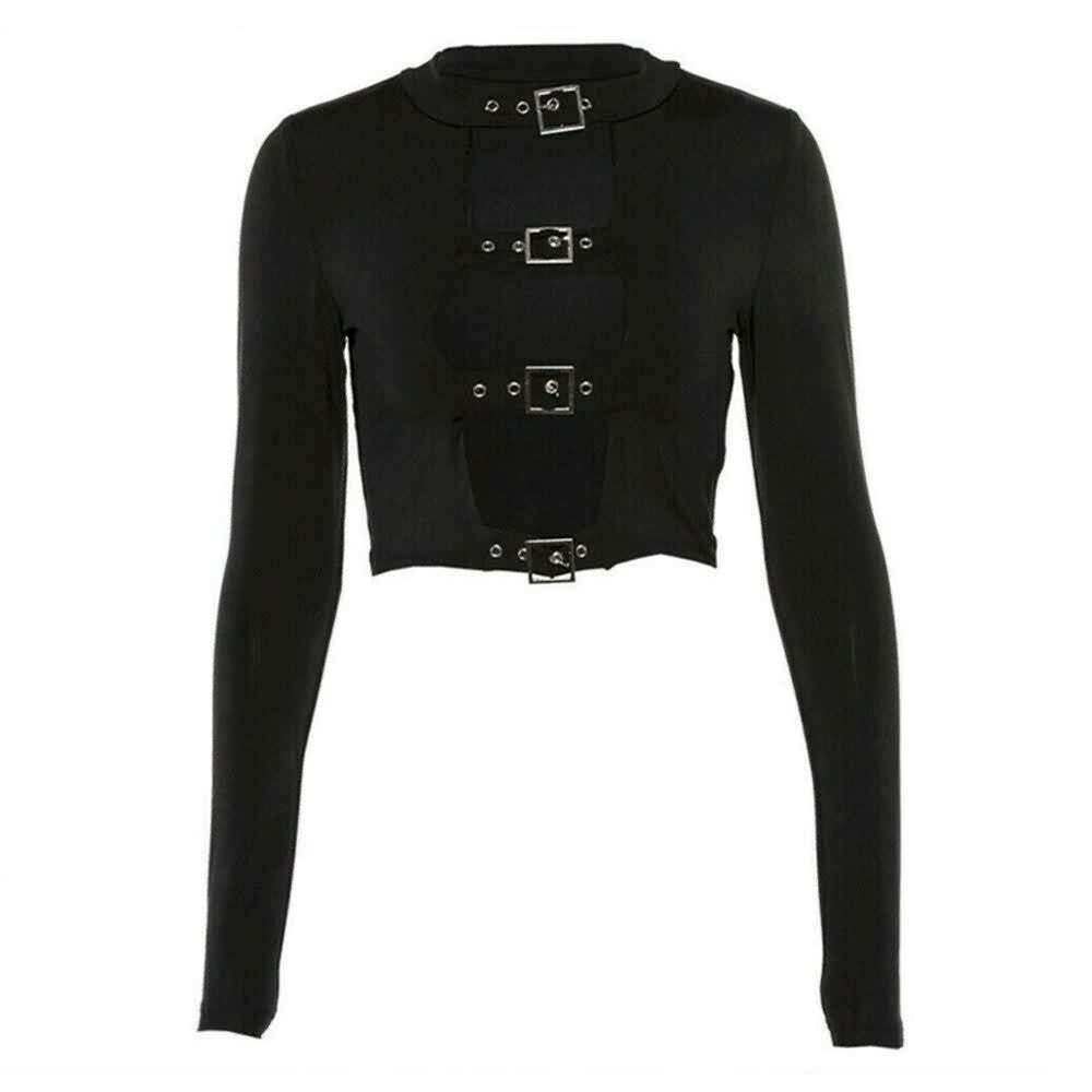 Gothic Buckle Detail Long Sleeve Crop Top - Y2K Grunge, 90s Fashion, Retro Style