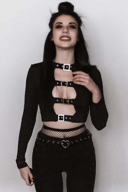 Gothic Buckle Detail Long Sleeve Crop Top - Y2K Grunge, 90s Fashion, Retro Style