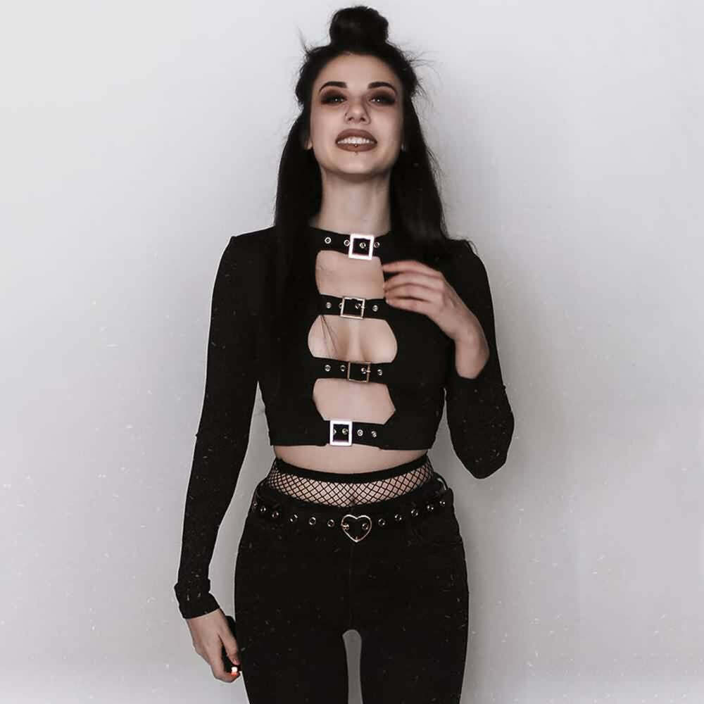 Gothic Buckle Detail Long Sleeve Crop Top - Y2K Grunge, 90s Fashion, Retro Style