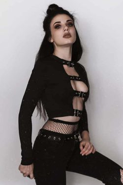Gothic Buckle Detail Long Sleeve Crop Top - Y2K Grunge, 90s Fashion, Retro Style