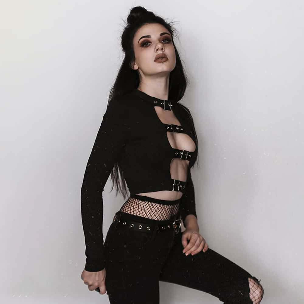 Gothic Buckle Detail Long Sleeve Crop Top - Y2K Grunge, 90s Fashion, Retro Style