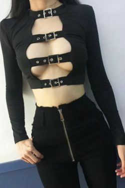 Gothic Buckle Detail Long Sleeve Crop Top - Y2K Grunge, 90s Fashion, Retro Style