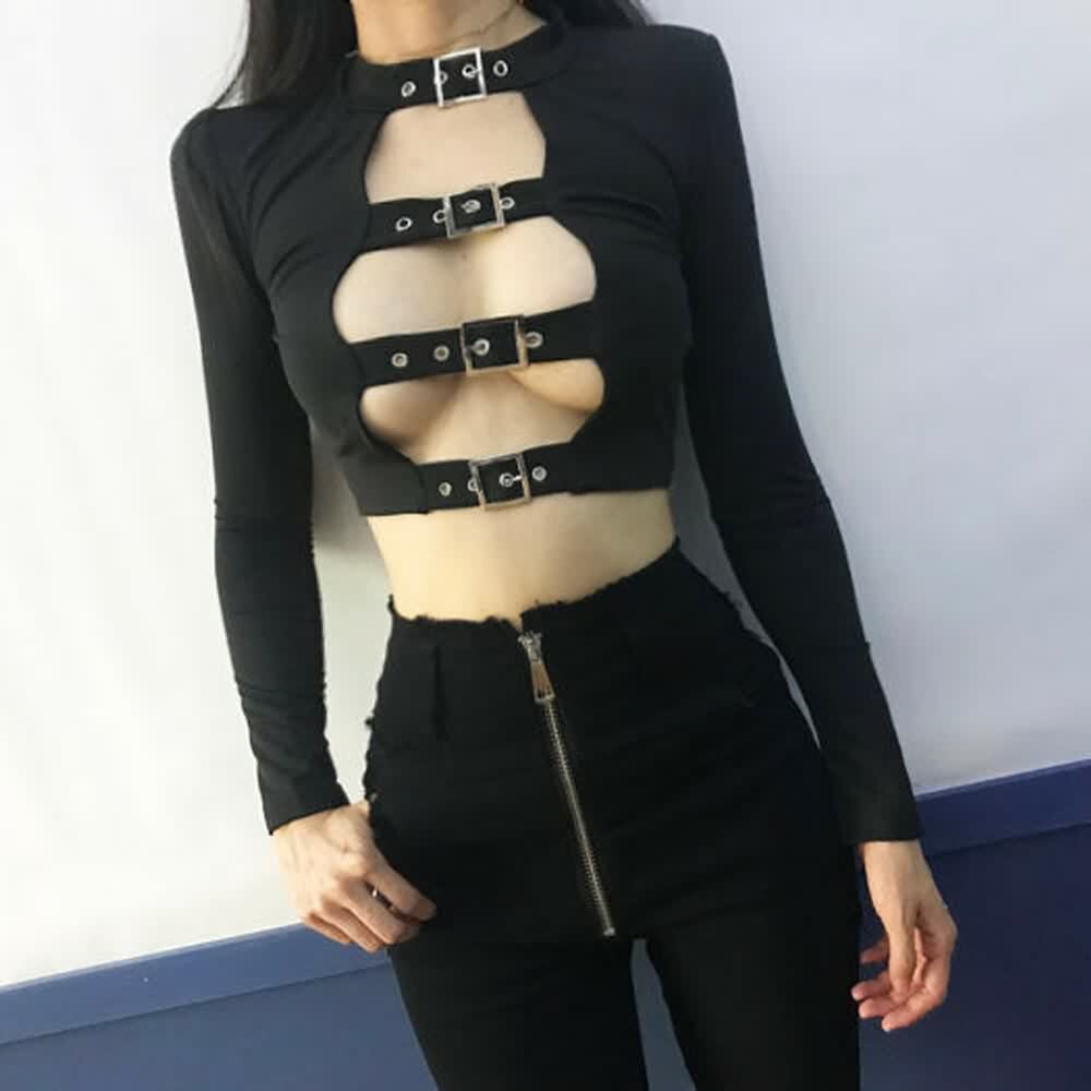 Gothic Buckle Detail Long Sleeve Crop Top - Y2K Grunge, 90s Fashion, Retro Style