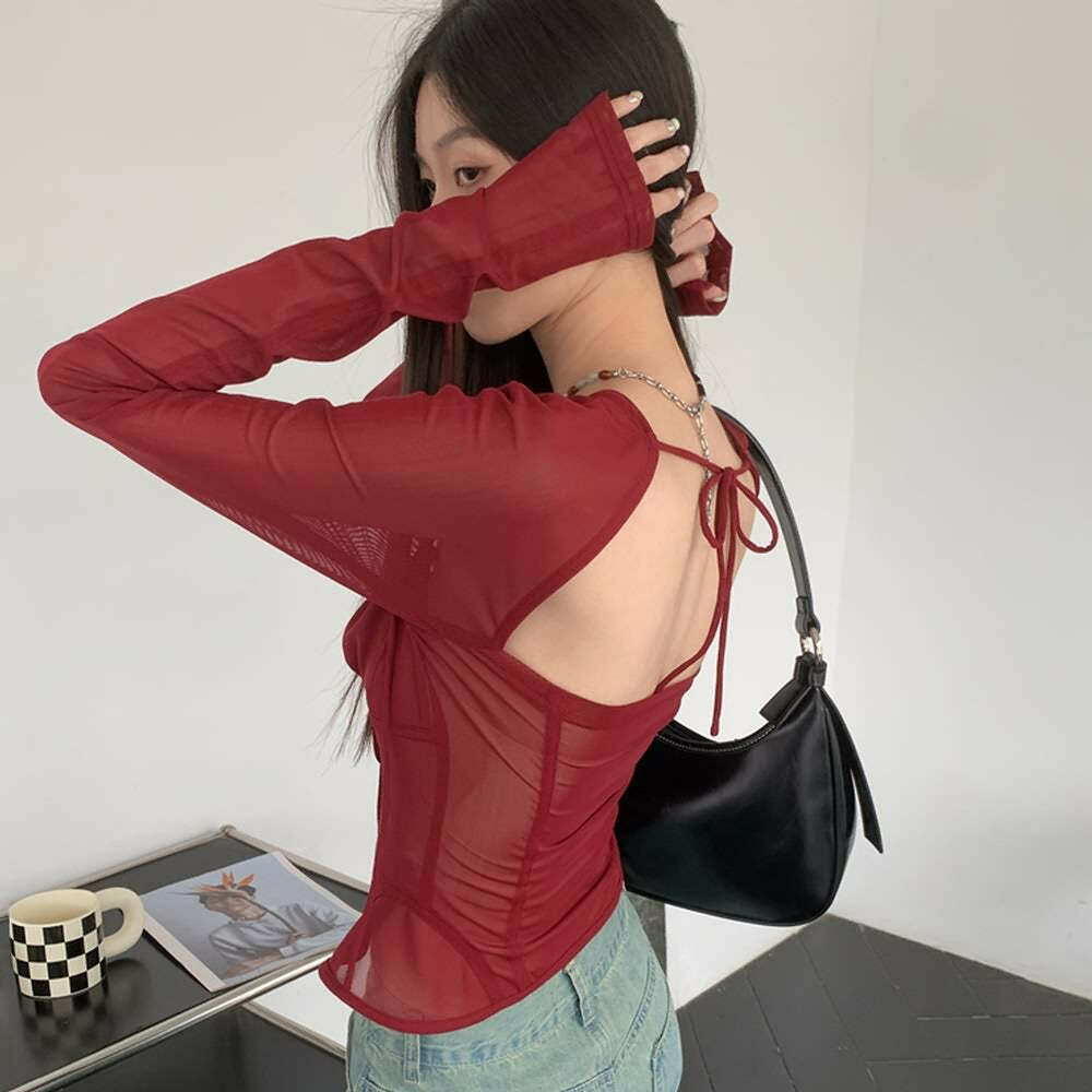 Gothic Burgundy Sheer Mesh Long Sleeve Top - Y2K Grunge, 90s Fashion, Retro Summer Outfit