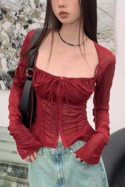 Gothic Burgundy Sheer Mesh Long Sleeve Top - Y2K Grunge, 90s Fashion, Retro Summer Outfit