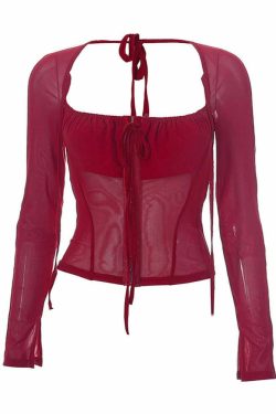 Gothic Burgundy Sheer Mesh Long Sleeve Top - Y2K Grunge, 90s Fashion, Retro Summer Outfit