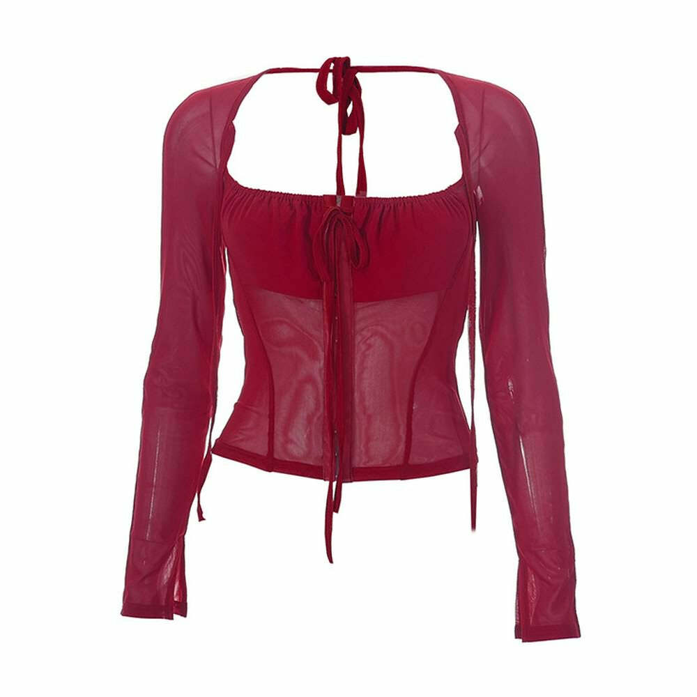 Gothic Burgundy Sheer Mesh Long Sleeve Top - Y2K Grunge, 90s Fashion, Retro Summer Outfit