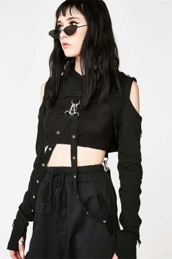 Gothic Cold Shoulder Crop Hoodie - Y2K Grunge, 90s Fashion, Retro Style, Pastel Goth Outfits