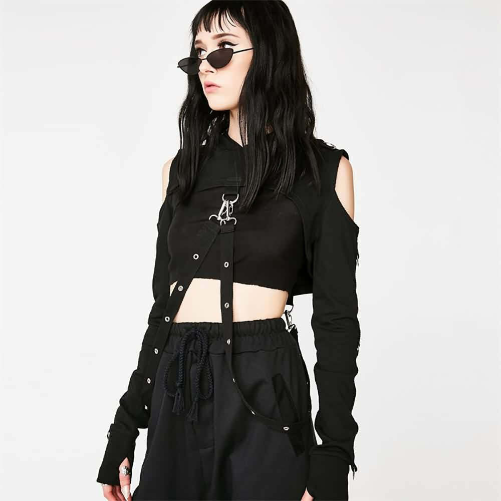 Gothic Cold Shoulder Crop Hoodie - Y2K Grunge, 90s Fashion, Retro Style, Pastel Goth Outfits