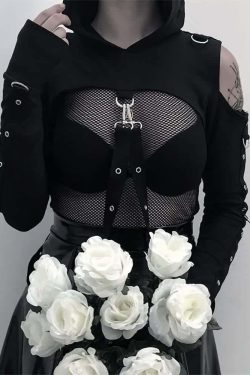 Gothic Cold Shoulder Crop Hoodie - Y2K Grunge, 90s Fashion, Retro Style, Pastel Goth Outfits