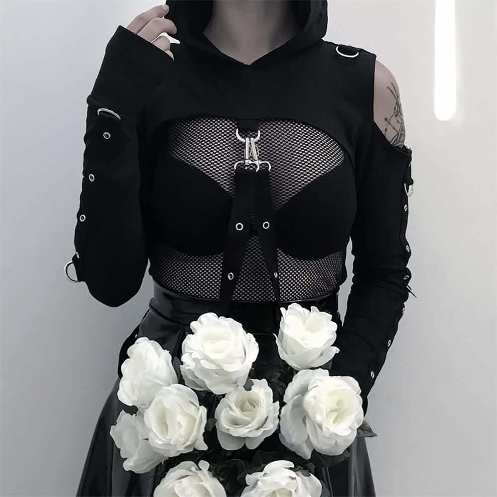 Gothic Cold Shoulder Crop Hoodie - Y2K Grunge, 90s Fashion, Retro Style, Pastel Goth Outfits