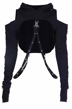 Gothic Cold Shoulder Crop Hoodie - Y2K Grunge, 90s Fashion, Retro Style, Pastel Goth Outfits