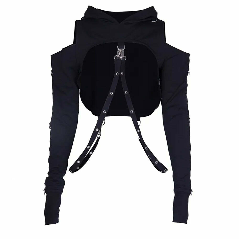 Gothic Cold Shoulder Crop Hoodie - Y2K Grunge, 90s Fashion, Retro Style, Pastel Goth Outfits