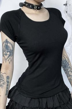Gothic Dark Angel Mesh Back T-Shirt - Y2K Grunge, 90s Fashion, Retro Summer Outfit