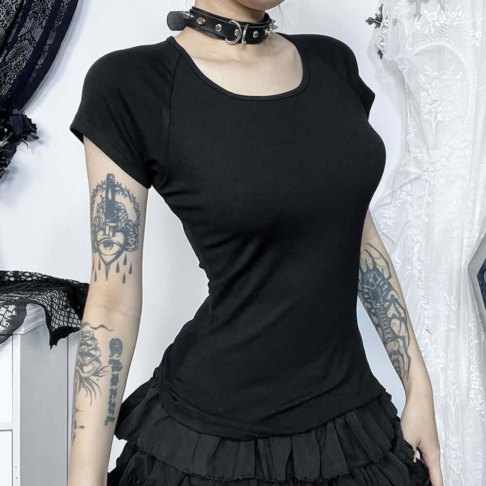 Gothic Dark Angel Mesh Back T-Shirt - Y2K Grunge, 90s Fashion, Retro Summer Outfit