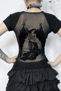 Gothic Dark Angel Mesh Back T-Shirt - Y2K Grunge, 90s Fashion, Retro Summer Outfit