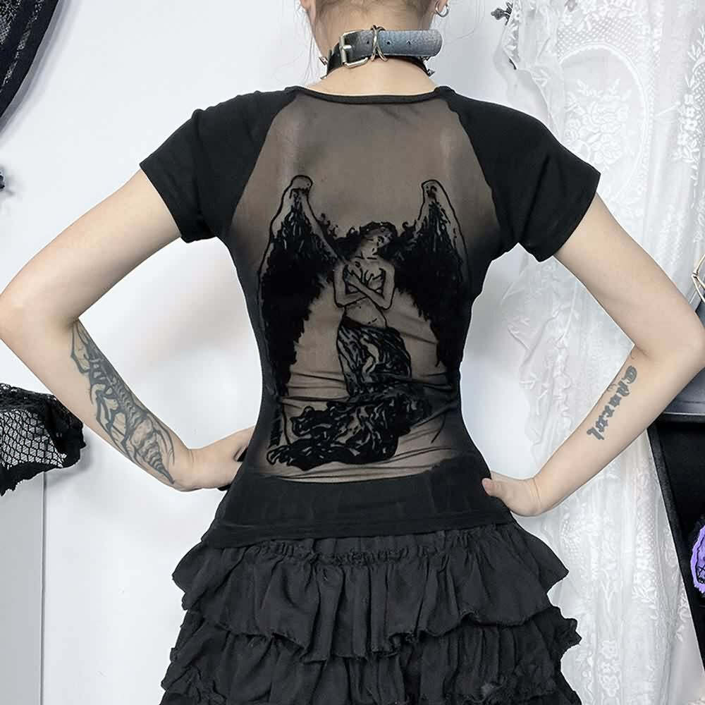 Gothic Dark Angel Mesh Back T-Shirt - Y2K Grunge, 90s Fashion, Retro Summer Outfit