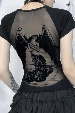 Gothic Dark Angel Mesh Back T-Shirt - Y2K Grunge, 90s Fashion, Retro Summer Outfit