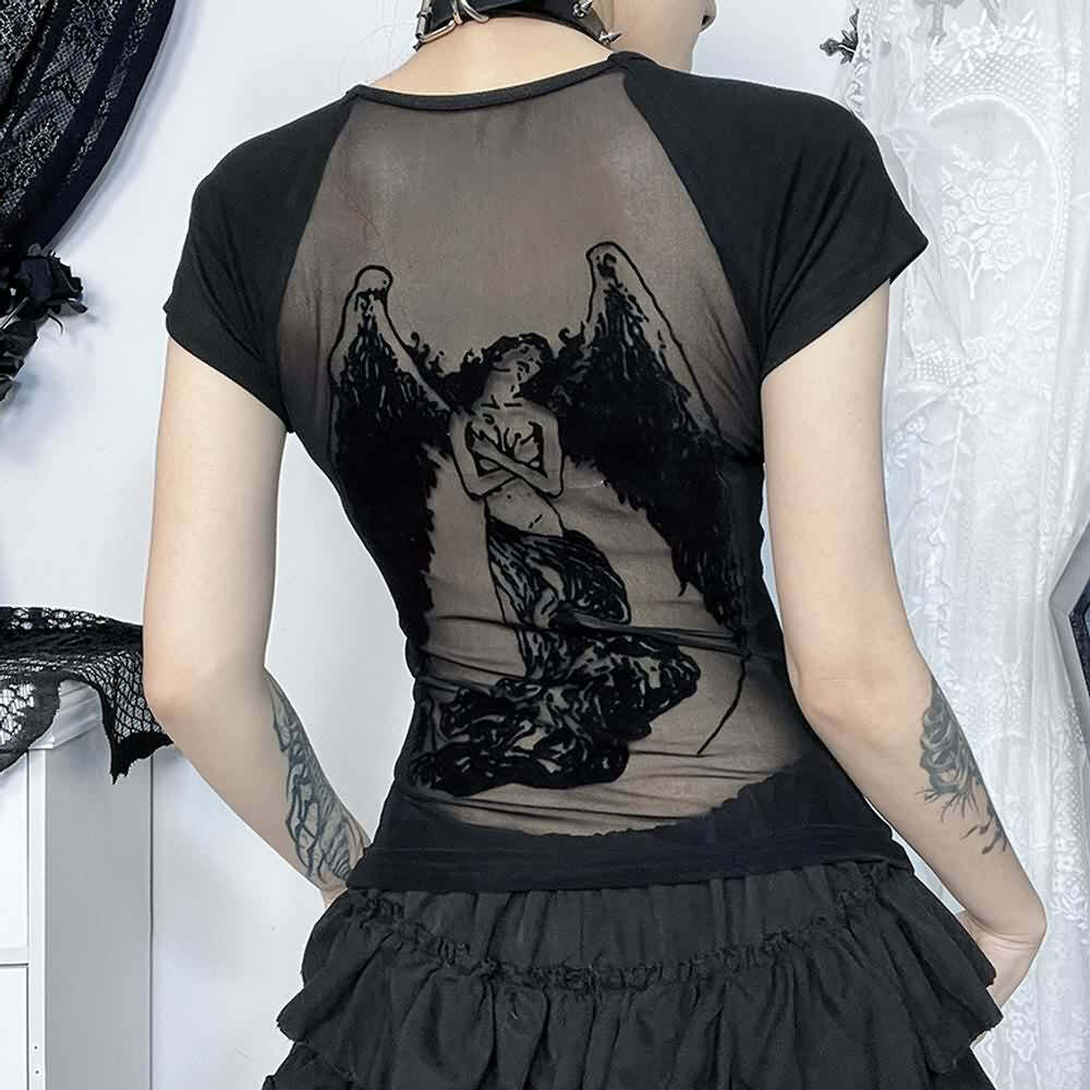 Gothic Dark Angel Mesh Back T-Shirt - Y2K Grunge, 90s Fashion, Retro Summer Outfit