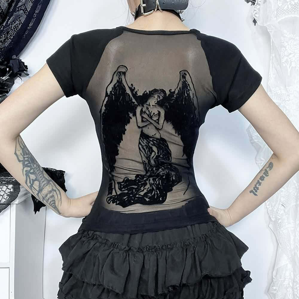 Gothic Dark Angel Mesh Back T-Shirt - Y2K Grunge, 90s Fashion, Retro Summer Outfit