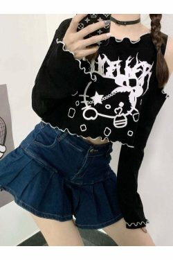 Gothic Dark Grunge Hello Kitty Top - Y2K Summer, 90s Fashion, Retro, Pastel Goth, Y2K Club