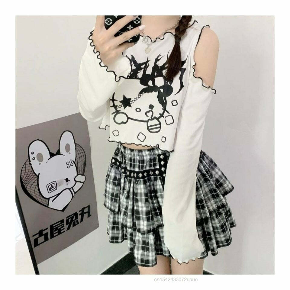 Gothic Dark Grunge Hello Kitty Top - Y2K Summer, 90s Fashion, Retro, Pastel Goth, Y2K Club