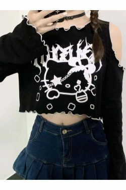 Gothic Dark Grunge Hello Kitty Top - Y2K Summer, 90s Fashion, Retro, Pastel Goth, Y2K Club