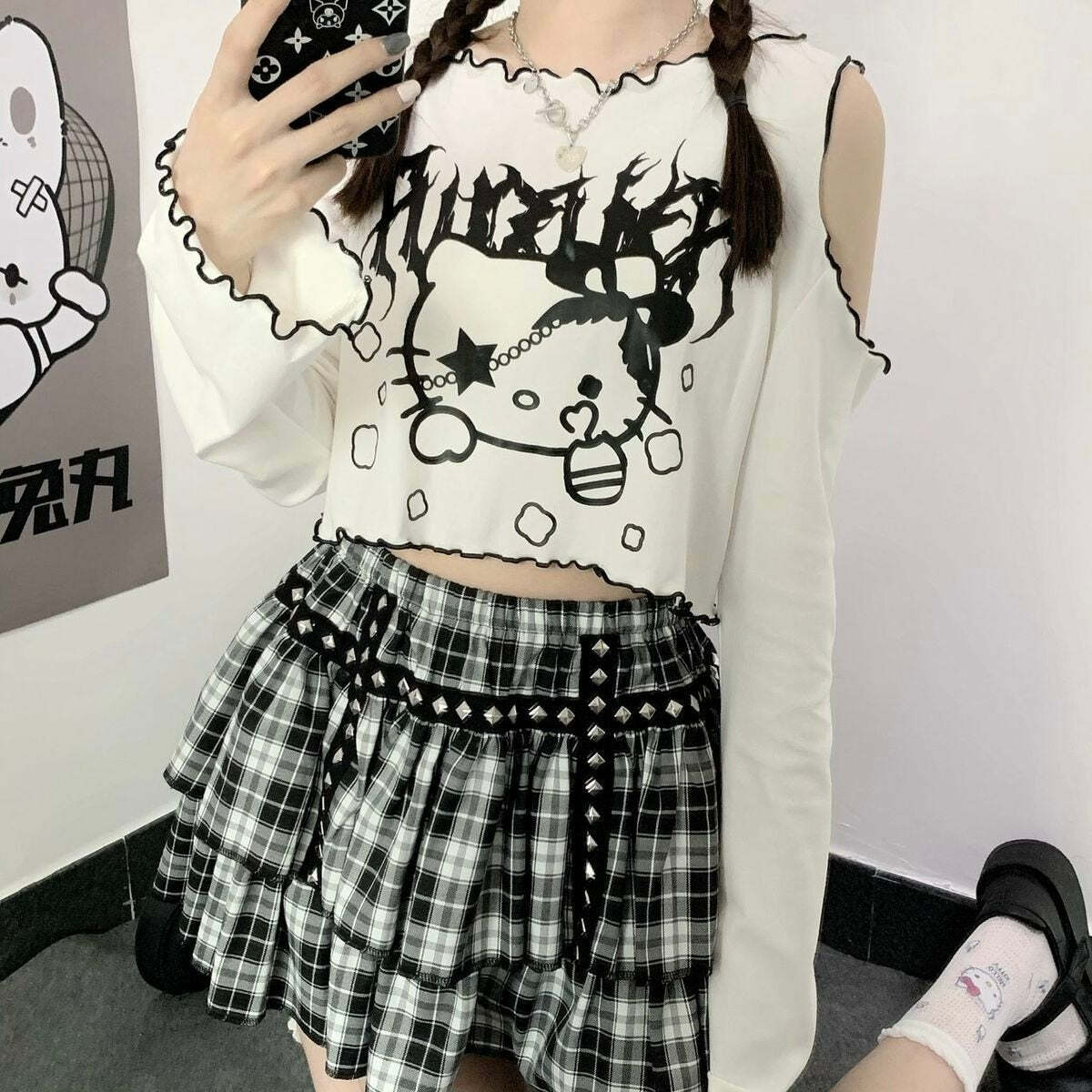 Gothic Dark Grunge Hello Kitty Top - Y2K Summer, 90s Fashion, Retro, Pastel Goth, Y2K Club