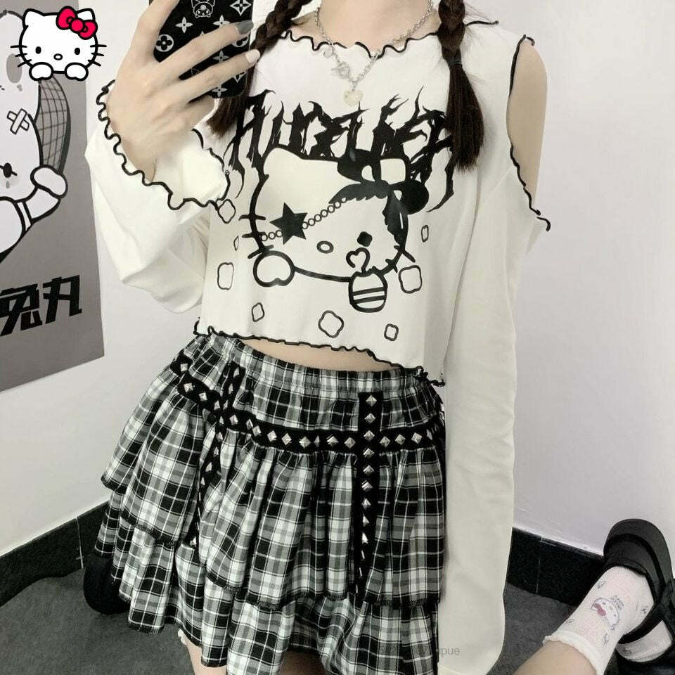 Gothic Dark Grunge Hello Kitty Top - Y2K Summer, 90s Fashion, Retro, Pastel Goth, Y2K Club
