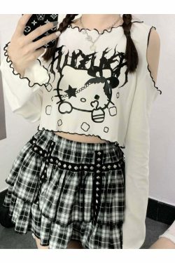 Gothic Dark Grunge Hello Kitty Top - Y2K Summer, 90s Fashion, Retro, Pastel Goth, Y2K Club