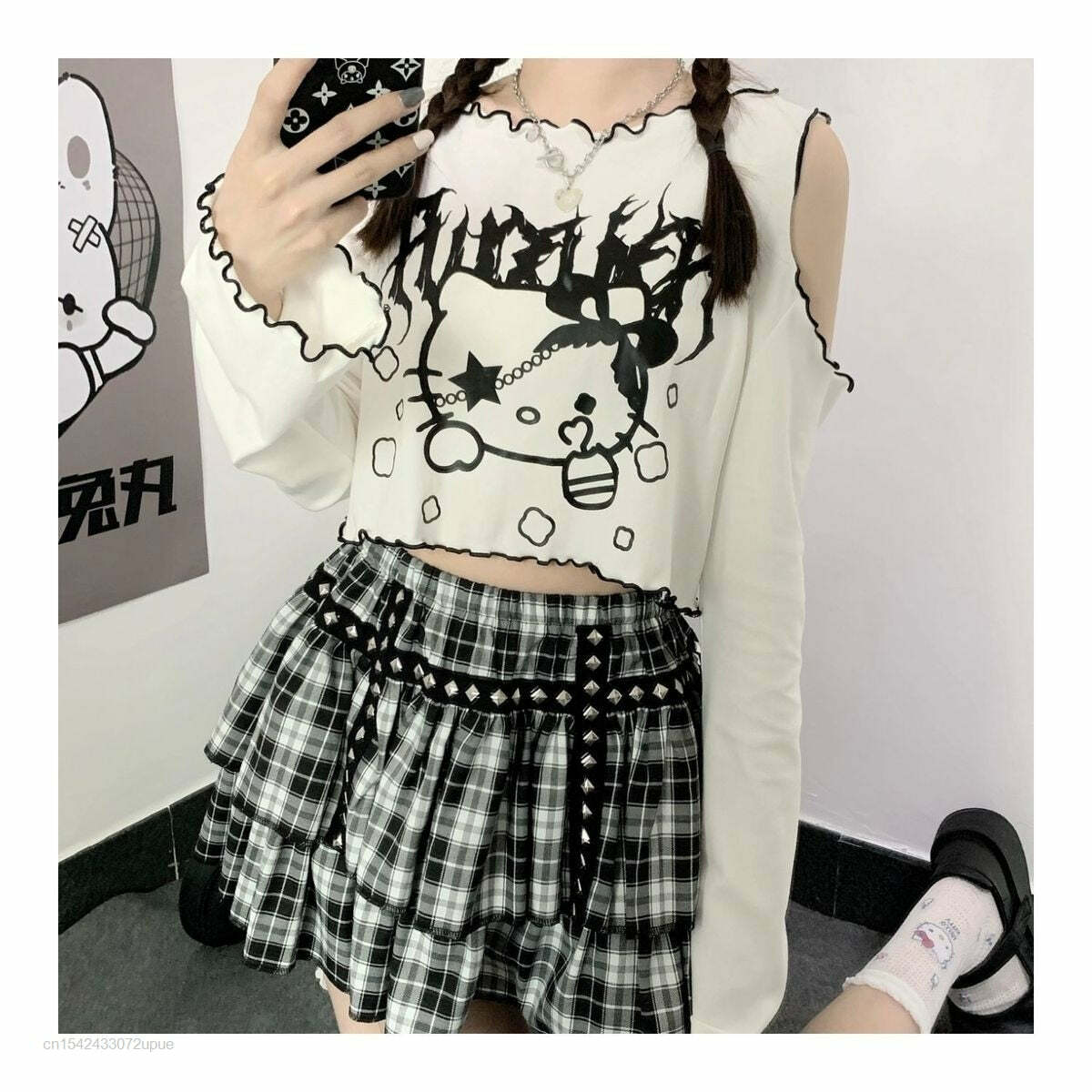 Gothic Dark Grunge Hello Kitty Top - Y2K Summer, 90s Fashion, Retro, Pastel Goth, Y2K Club