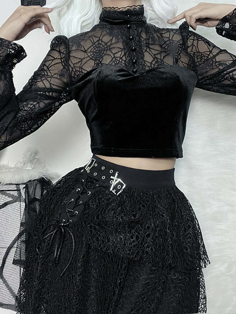 Gothic Elegant Lace Velvet Blouse - Y2K Grunge, 90s Fashion, Retro Style, Pastel Goth Outfits