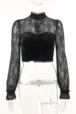 Gothic Elegant Lace Velvet Blouse - Y2K Grunge, 90s Fashion, Retro Style, Pastel Goth Outfits