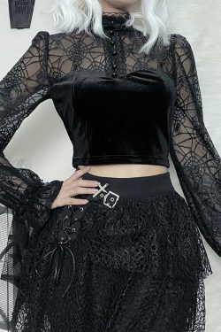 Gothic Elegant Lace Velvet Blouse - Y2K Grunge, 90s Fashion, Retro Style, Pastel Goth Outfits