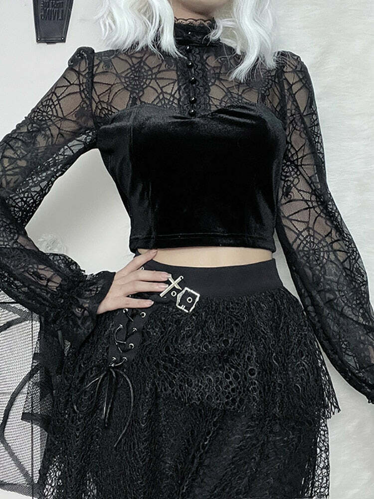 Gothic Elegant Lace Velvet Blouse - Y2K Grunge, 90s Fashion, Retro Style, Pastel Goth Outfits