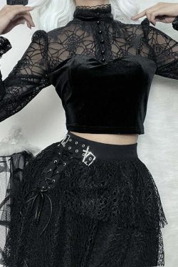 Gothic Elegant Lace Velvet Blouse - Y2K Grunge, 90s Fashion, Retro Style, Pastel Goth Outfits