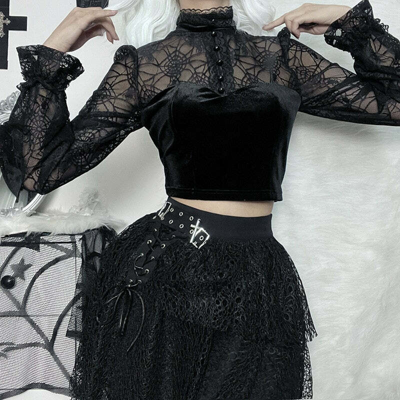 Gothic Elegant Lace Velvet Blouse - Y2K Grunge, 90s Fashion, Retro Style, Pastel Goth Outfits