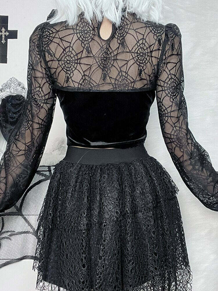 Gothic Elegant Lace Velvet Blouse - Y2K Grunge, 90s Fashion, Retro Style, Pastel Goth Outfits