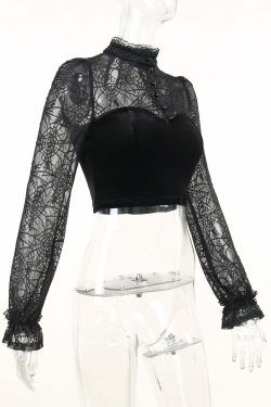 Gothic Elegant Lace Velvet Blouse - Y2K Grunge, 90s Fashion, Retro Style, Pastel Goth Outfits