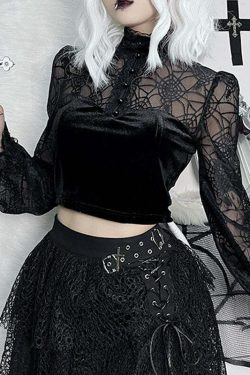 Gothic Elegant Lace Velvet Blouse - Y2K Grunge, 90s Fashion, Retro Style, Pastel Goth Outfits