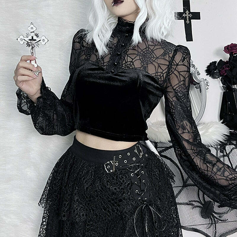 Gothic Elegant Lace Velvet Blouse - Y2K Grunge, 90s Fashion, Retro Style, Pastel Goth Outfits