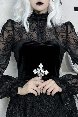 Gothic Elegant Lace Velvet Blouse - Y2K Grunge, 90s Fashion, Retro Style, Pastel Goth Outfits