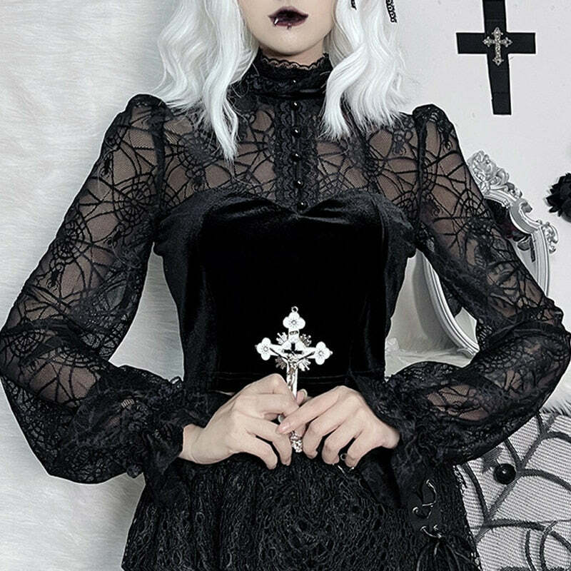 Gothic Elegant Lace Velvet Blouse - Y2K Grunge, 90s Fashion, Retro Style, Pastel Goth Outfits