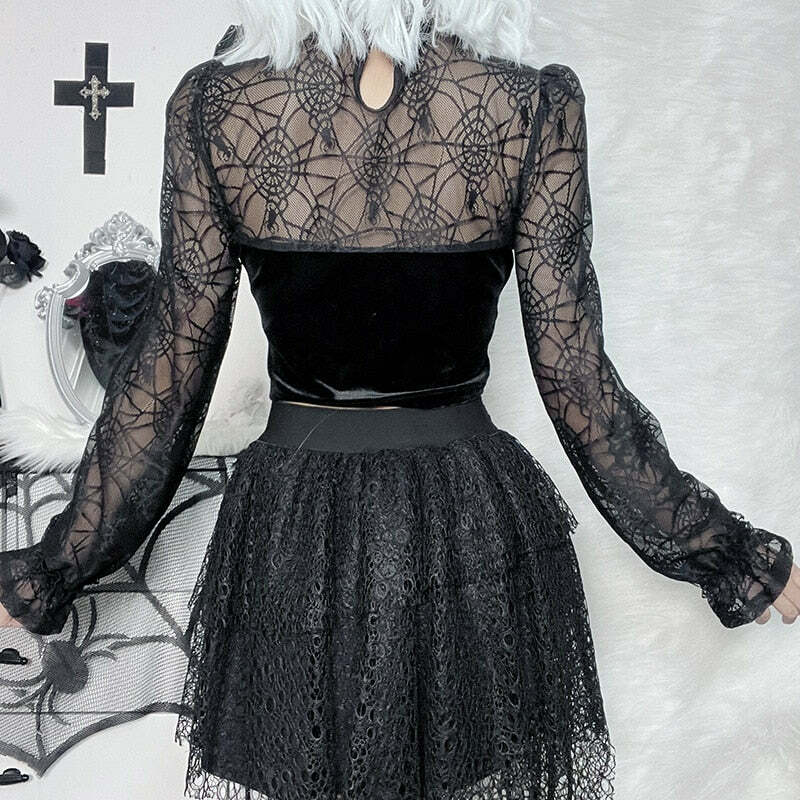 Gothic Elegant Lace Velvet Blouse - Y2K Grunge, 90s Fashion, Retro Style, Pastel Goth Outfits