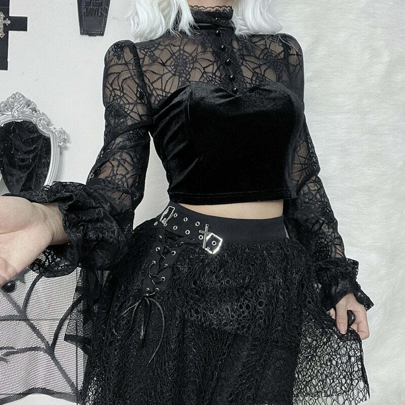 Gothic Elegant Lace Velvet Blouse - Y2K Grunge, 90s Fashion, Retro Style, Pastel Goth Outfits