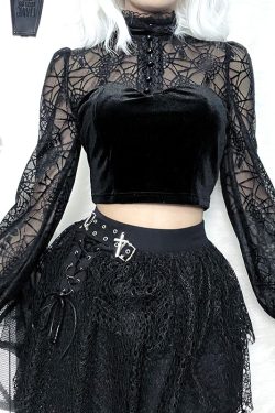 Gothic Elegant Lace Velvet Blouse - Y2K Grunge, 90s Fashion, Retro Style, Pastel Goth Outfits
