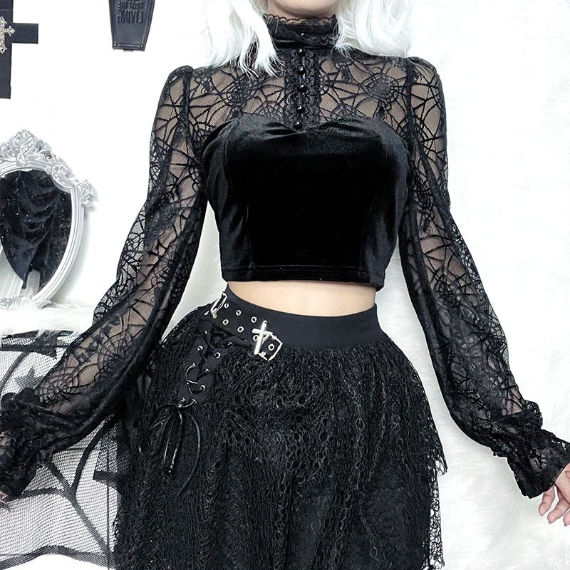 Gothic Elegant Lace Velvet Blouse - Y2K Grunge, 90s Fashion, Retro Style, Pastel Goth Outfits