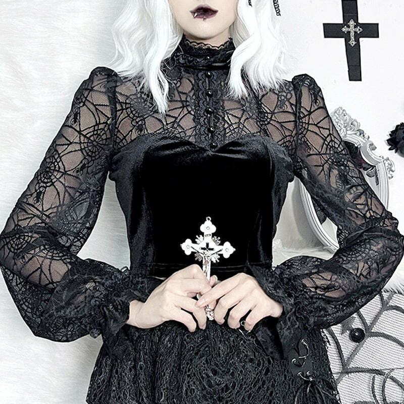 Gothic Elegant Lace Velvet Blouse - Y2K Grunge, 90s Fashion, Retro Style, Pastel Goth Outfits